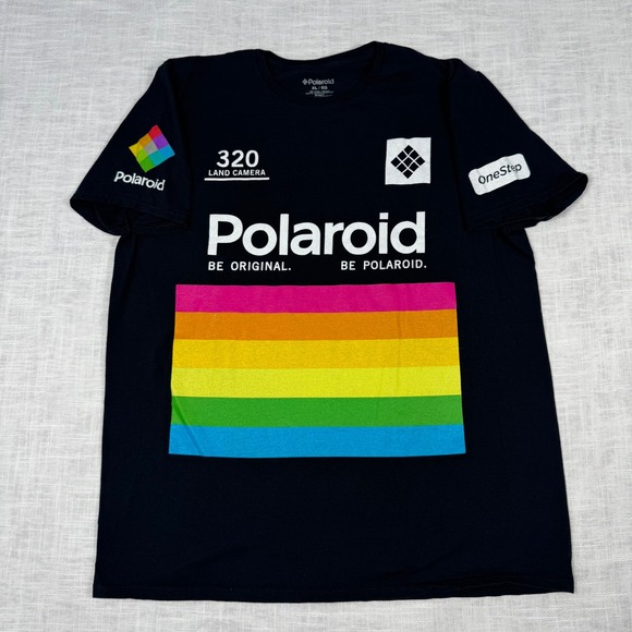Polaroid‎ Men XL Black Be Original 320 Land Camera Graphic T-Shirt Rainbow Retro - Picture 1 of 7